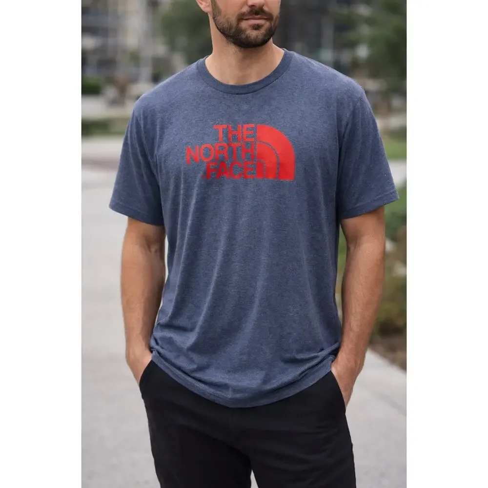 Men's The North Face Half Dome Logo T‎ Shirt Heathered Blue/Red Logo Casual NWOT